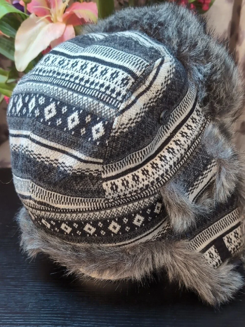 Grey Faux Fur Trapper Hat with Nordic Knit Pattern